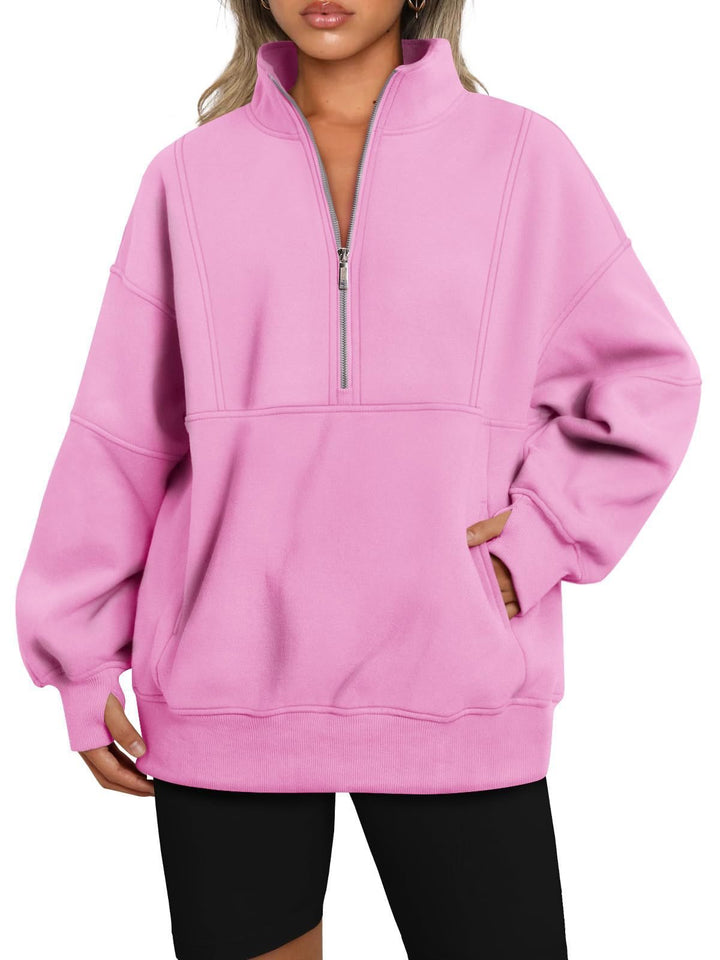 Women's Oversized Sweatshirt with Half Zipper, Stand-Up Collar and Kangaroo Pocket Mune Fashion