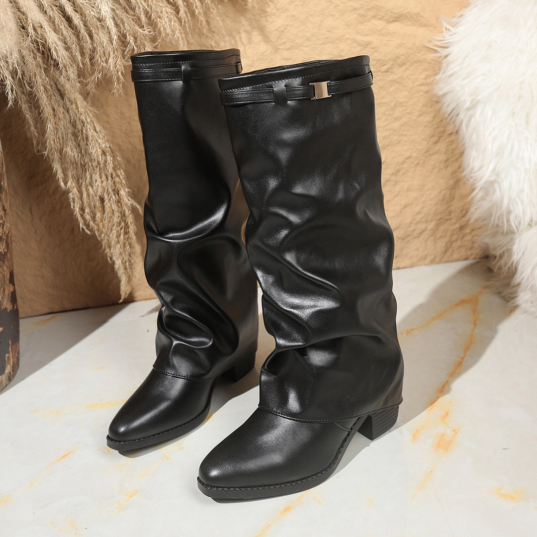 Women’s shaft boots made of soft synthetic leather with a casual slouch shaft and low block heel Mune Fashion