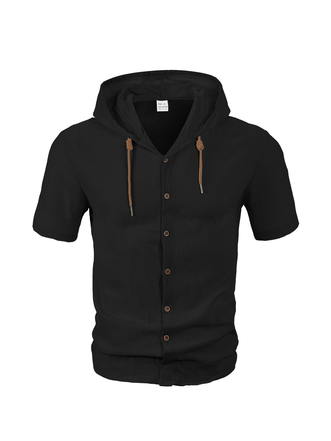 Men's tailored short-sleeve hooded shirt in textured linen look with wood look buttons and drawstring Mune Fashion