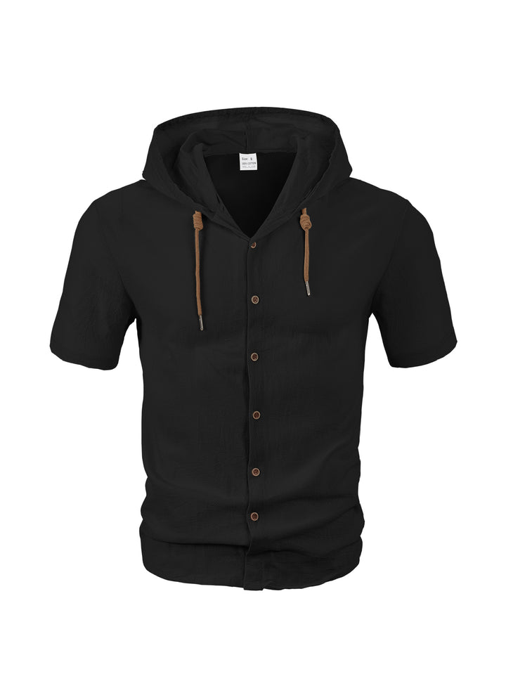 Men's tailored short-sleeve hooded shirt in textured linen look with wood look buttons and drawstring Mune Fashion
