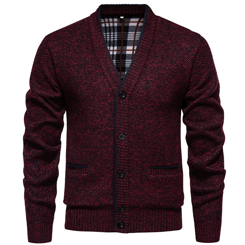Men's Structured V-Neck Knit Cardigan with Contrasting Edge and Checked Lining Mune Fashion