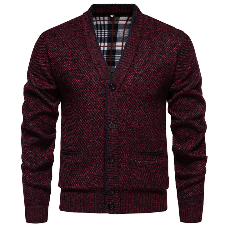Men's Structured V-Neck Knit Cardigan with Contrasting Edge and Checked Lining Mune Fashion