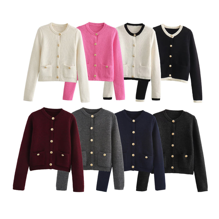 Women Cropped Boucle Cardigan with Round Neck, Flap Pockets and Coin Buttons Mune Fashion