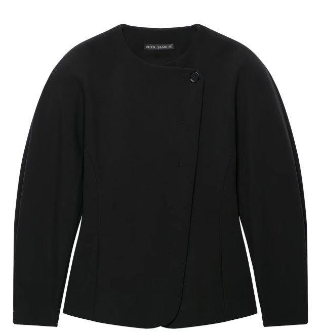 Women's Tailored Blazer Jacket with Asymmetrical Button Placket and Round Neckline Mune Fashion