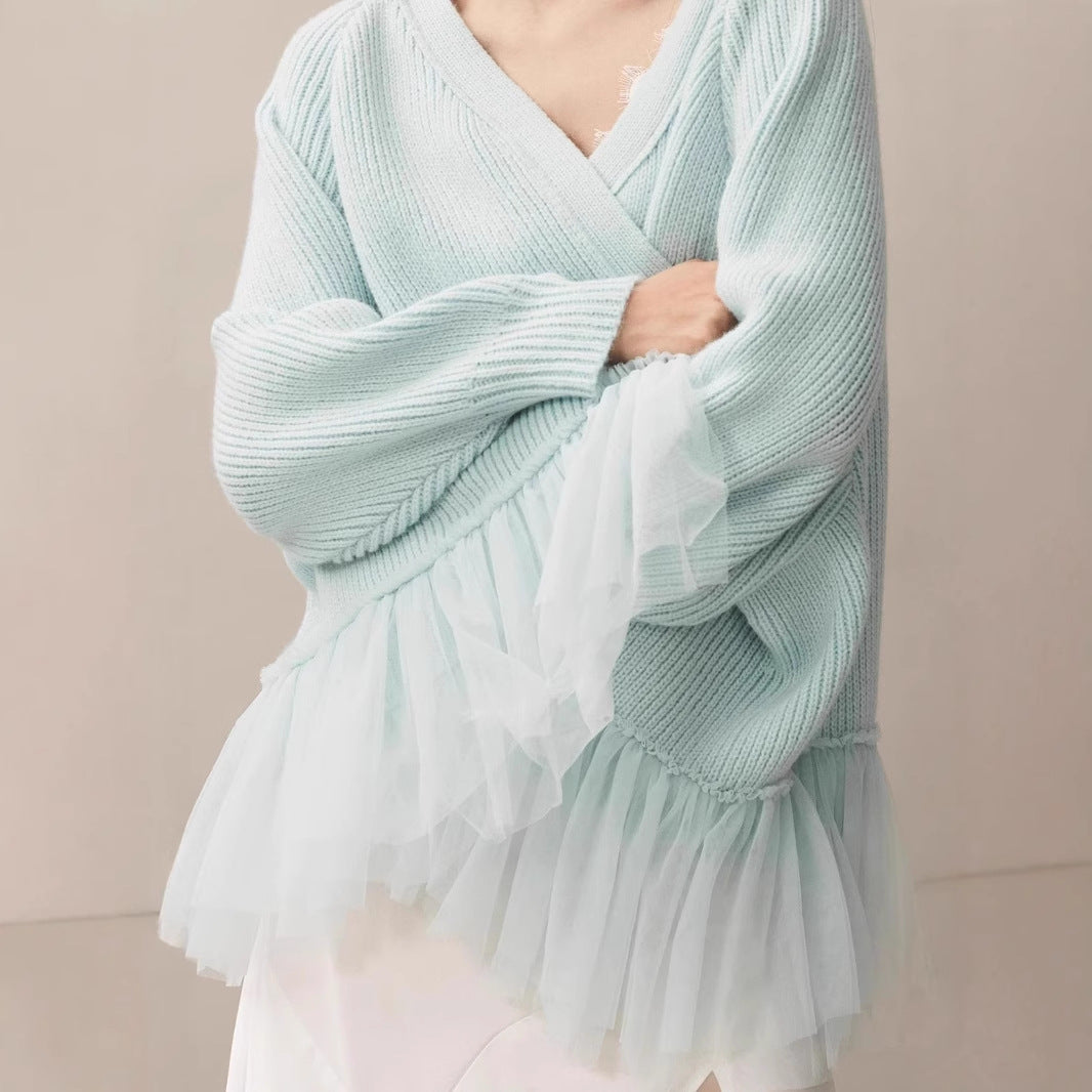 Women's Fashion Knit Sweater with Tulle Details