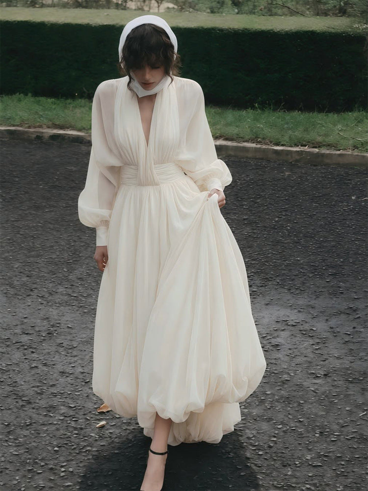 Women's Airy Pleated Maxi Dress with Balloon Hem, V-Neck and Shawl Collar Mune Fashion