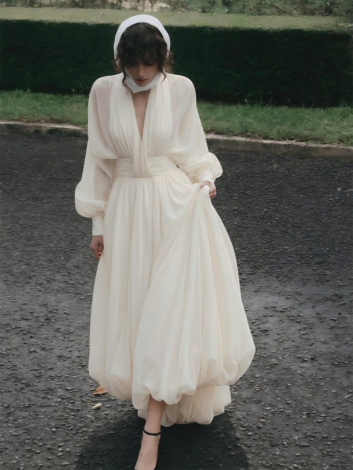 Women's Airy Pleated Maxi Dress with Balloon Hem, V-Neck and Shawl Collar Mune Fashion