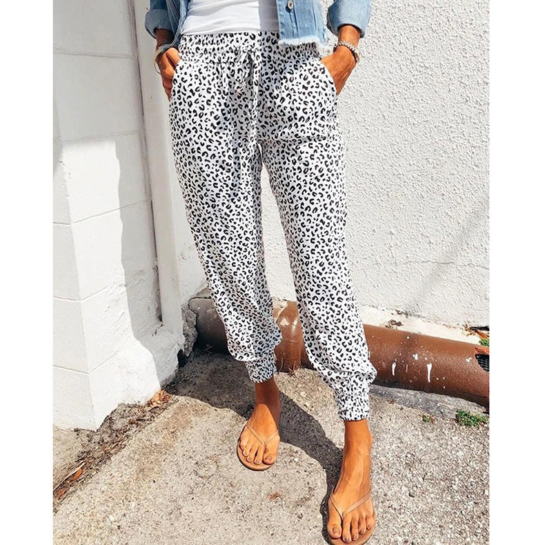 Ladies casual leopard print jogging pants with drawstring, side pockets, and elastic cuffs Mune Fashion
