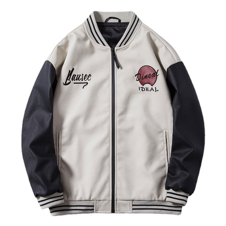 Men's Retro College Bomber Jacket made of Faux Leather with Embroidered Logos and Ribbed Hem Mune Fashion