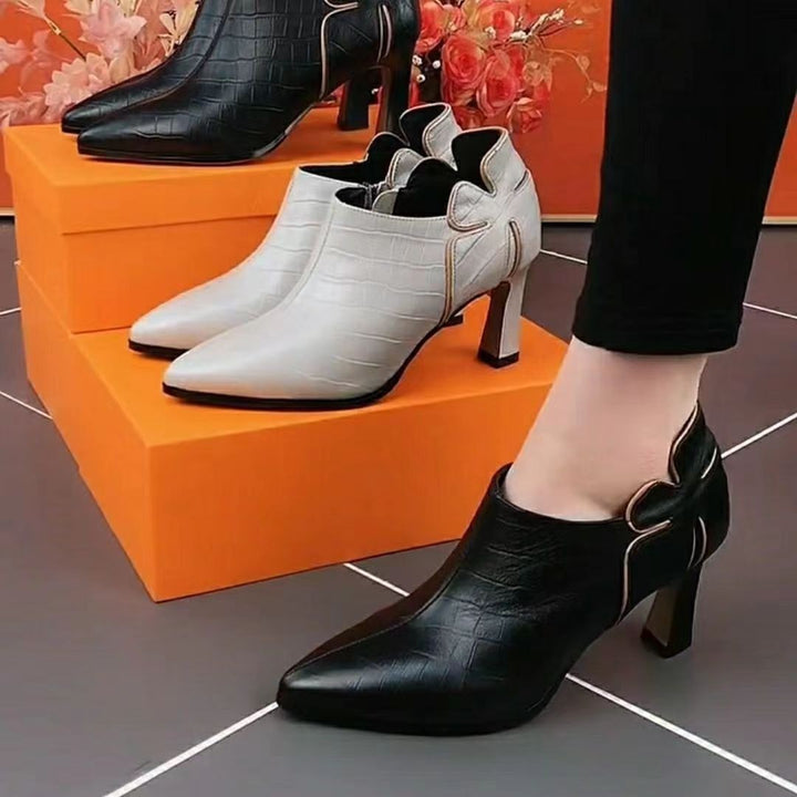 Ladies pointed toe ankle boots with crocodile embossing, side zipper and curved block heel Mune Fashion