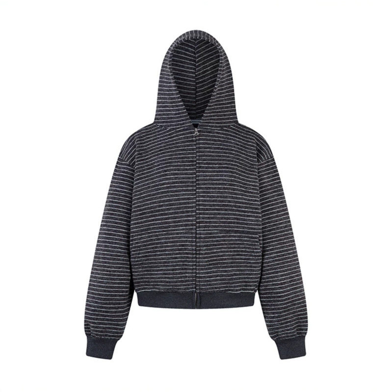 Women's short-cut hooded zip jacket with horizontal stripe relief and elastic waistband Mune Fashion
