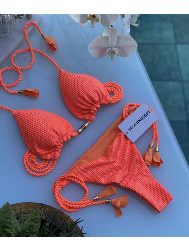 Ladies' triangle bikini with trendy leopard pattern and decorative tassels Mune Fashion