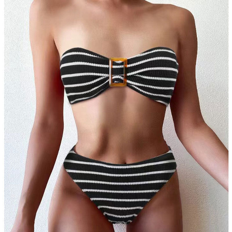 Women's bandeau bikini set with decorative ring and playful striped pattern Mune Fashion