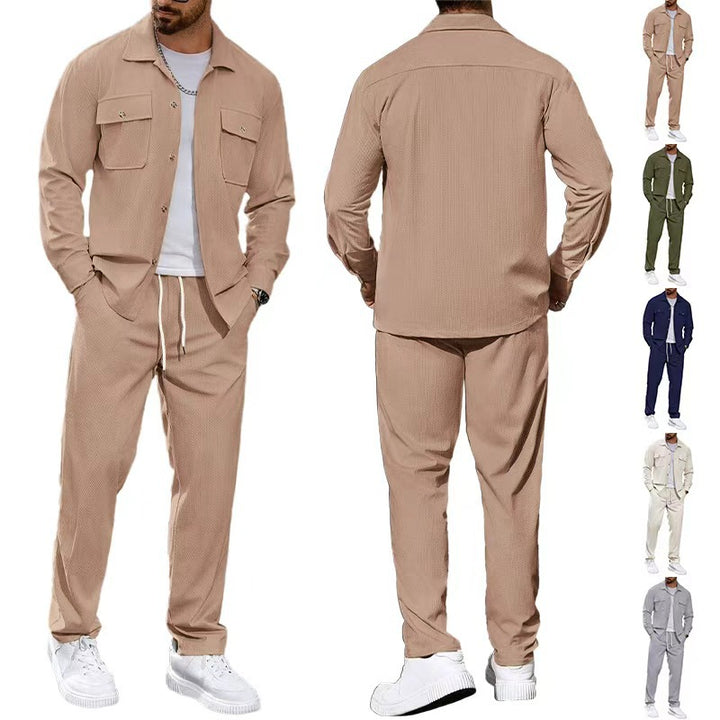 Men's casual two-piece shirt jacket with applied chest pockets and drawstring pants Mune Fashion