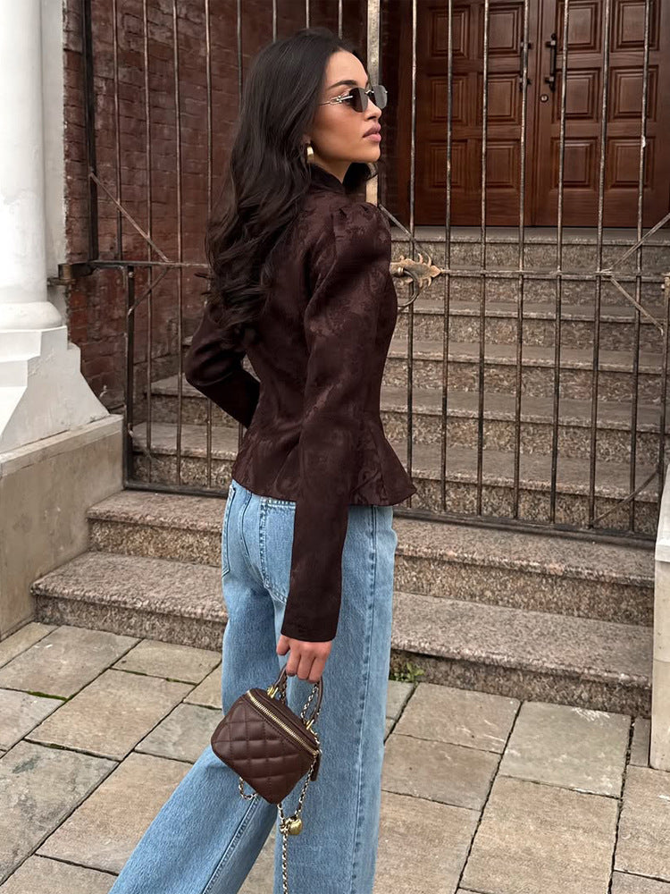 Women's Tailored Jacquard Blazer with Stand Collar, Puff Sleeves and Peplum Mune Fashion