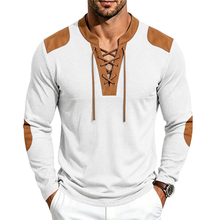 Men's waffle texture henley with lace-up collar and faux leather patches Mune Fashion