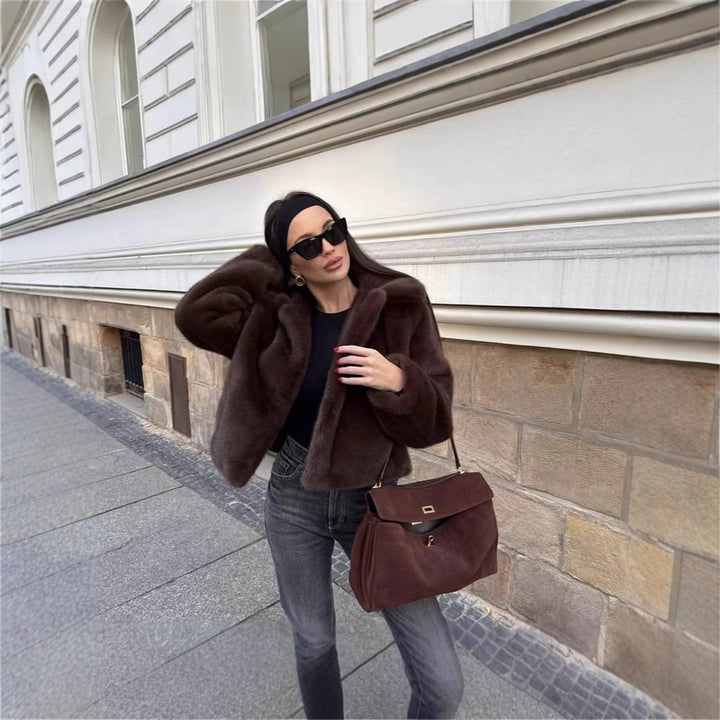 Women's Short Boxy Faux Fur Blouson with Classic Lapel Collar and Silky Lining Mune Fashion