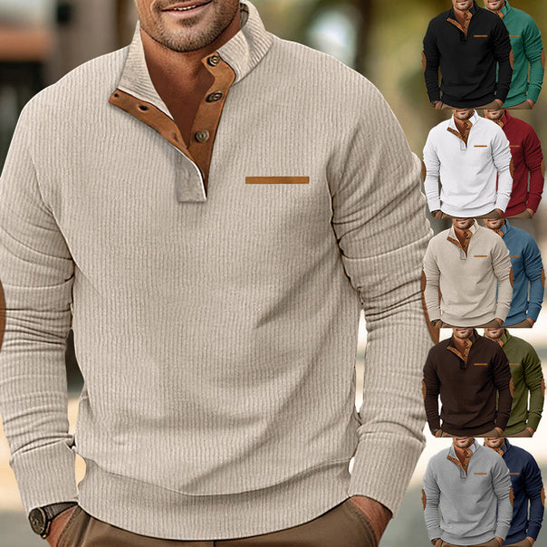 Men's ribbed long sleeve pullover with stand-up collar and faux leather elbow patches Mune Fashion