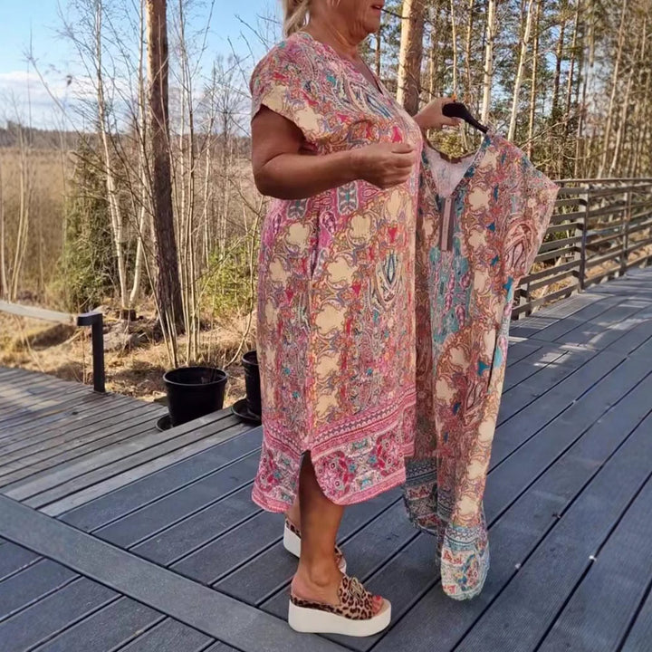 Women's flowing midi dress in tunic-kaftan mix with V-neck, short sleeves, loose fit, and matching pareo Mune Fashion