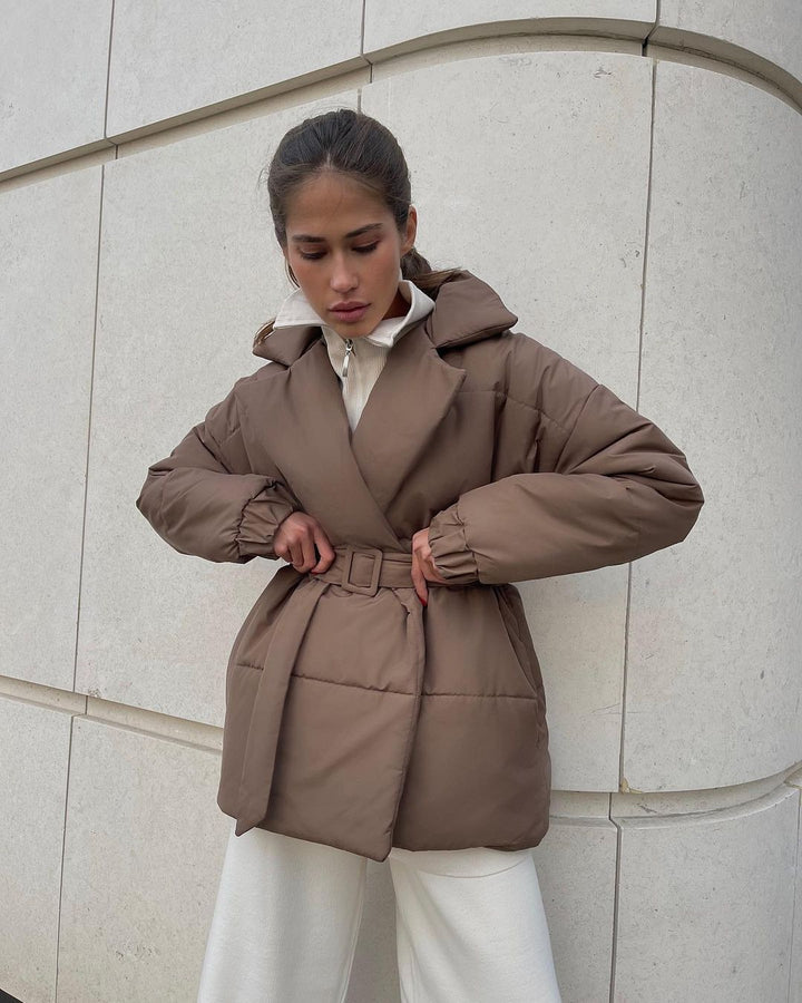 Women Padded Tailored Quilted Jacket with Belt and Hood Mune Fashion