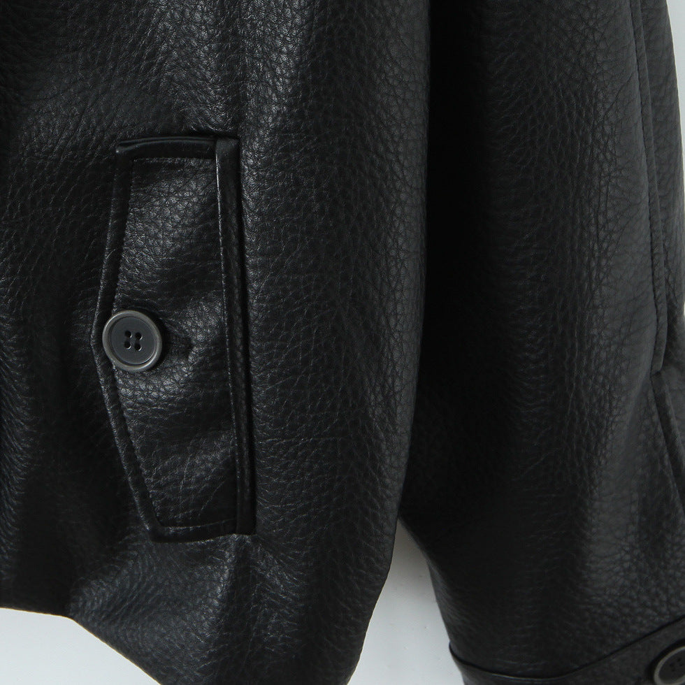 Women's Oversized Leather Look Coat with Textured Surface and Wide Lapels Mune Fashion