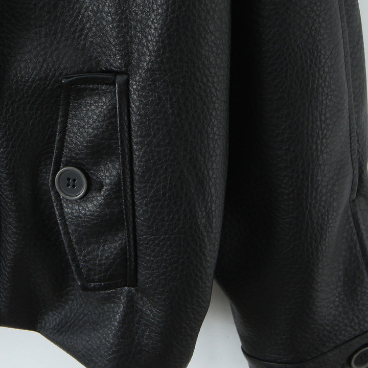 Women's Oversized Leather Look Coat with Textured Surface and Wide Lapels Mune Fashion