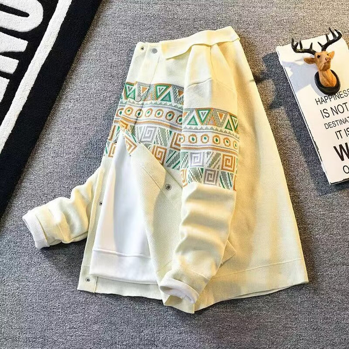 Women's Oversized Cardigan with Jacquard Yoke and Snap Button Placket Mune Fashion