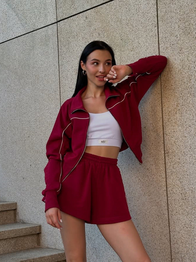 Women nan athletic two-piece with shaping sports bustier, tailored high-waist sweat shorts and zip hoodie Mune Fashion