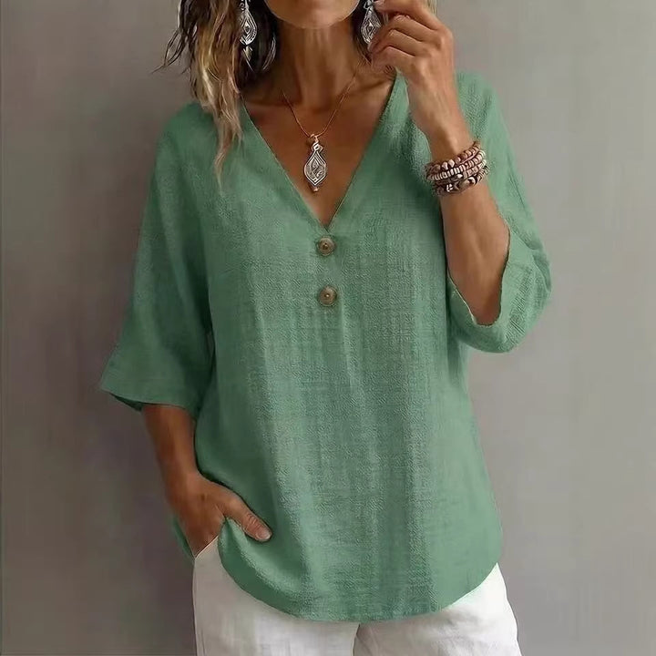 Women's Casual V-Neck Top with Button Details Mune Fashion