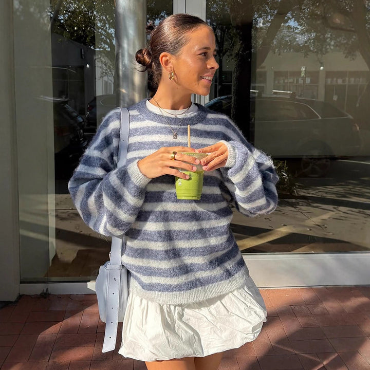 Women Striped Mohair-Mix Oversized Sweater with Balloon Sleeves Mune Fashion
