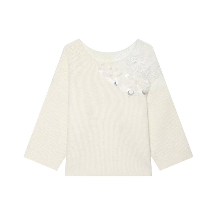 Ladies chunky knit pullover with round neckline, 3/4 sleeves and sequin lace application Mune Fashion