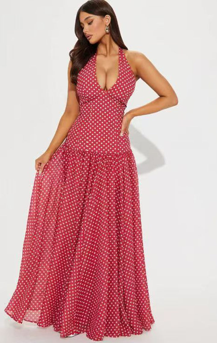 Ladies long halter dress with deep V-neck, tailored empire seam and flared layered skirt Mune Fashion