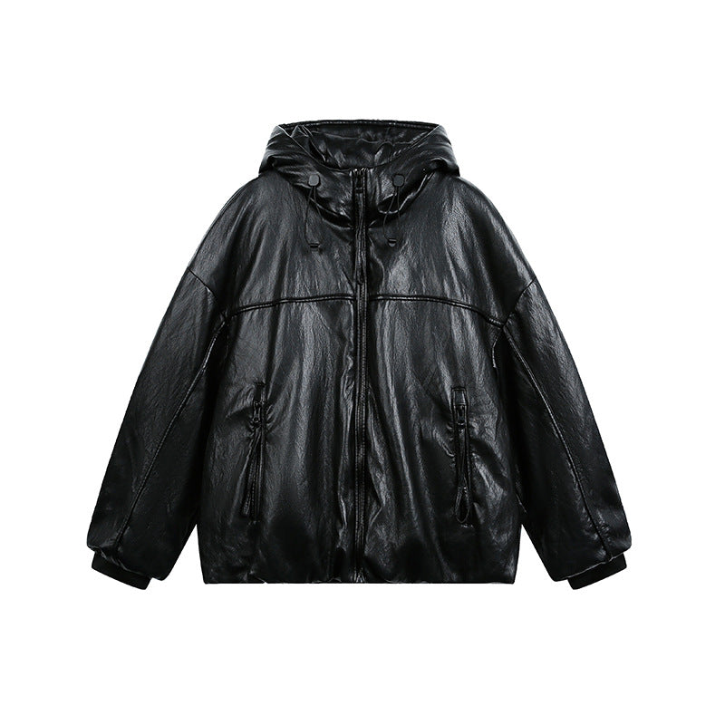 Men's Oversized Faux Leather Jacket with Hood and Zipper Mune Fashion
