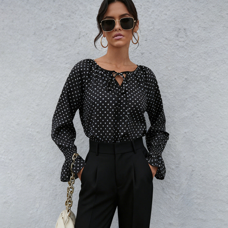 Ladies chiffon blouse with polka dots, BindMune fashion and neckline and smocked cuffs Mune Fashion