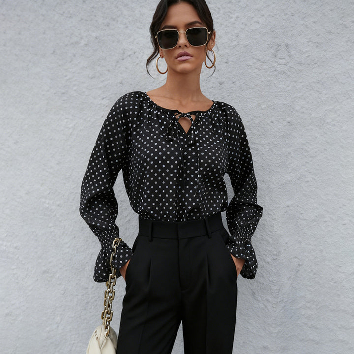 Ladies chiffon blouse with polka dots, BindMune fashion and neckline and smocked cuffs Mune Fashion