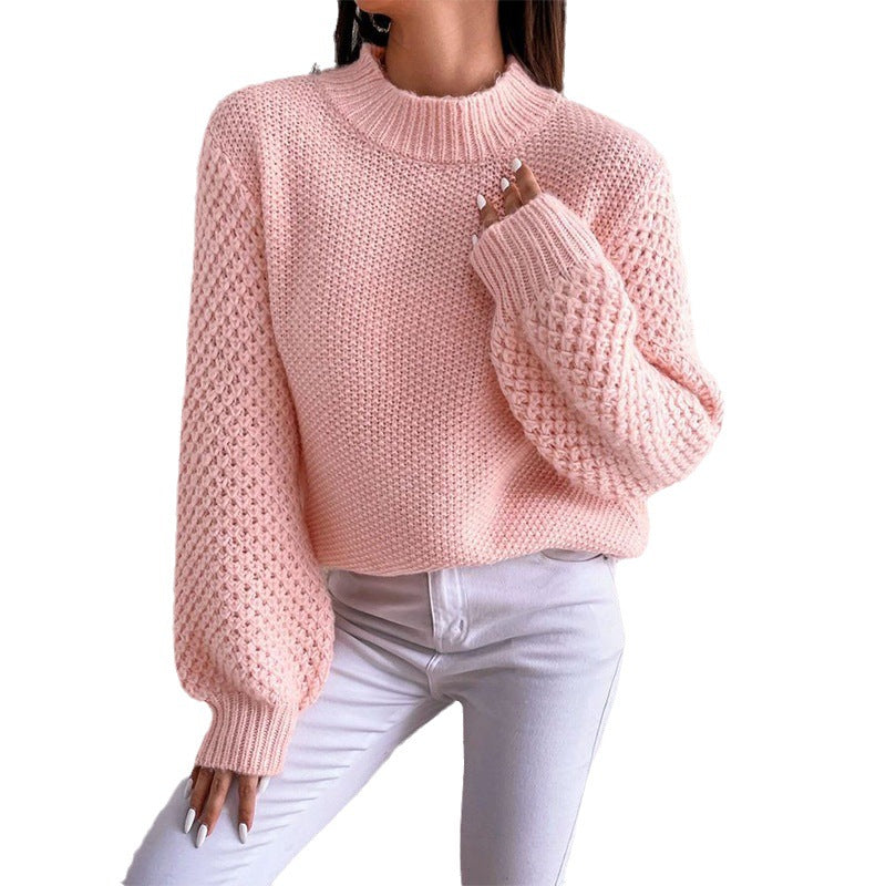 Women's Short-Cut Chunky Knit Sweater with Voluminous Mesh-Structure Sleeves and Stand-Up Collar Mune Fashion