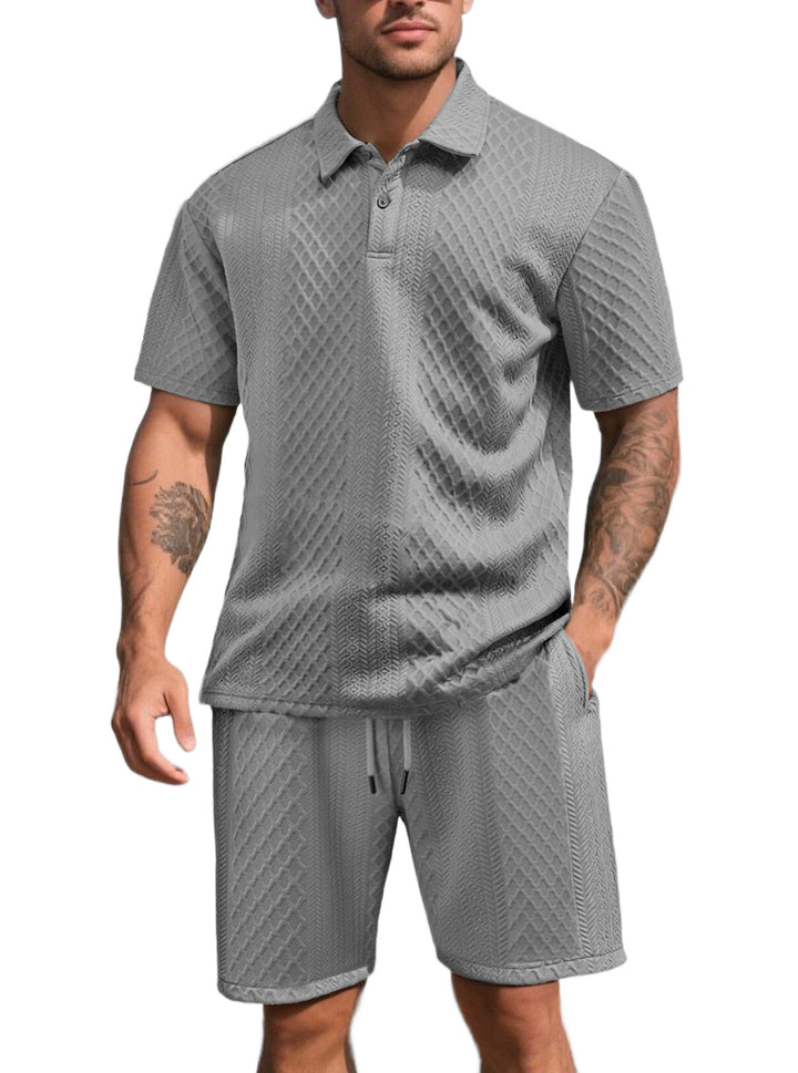 Men's three-dimensional relief leisure set with polo collar, concealed button placket and elastic drawstring shorts Mune Fashion