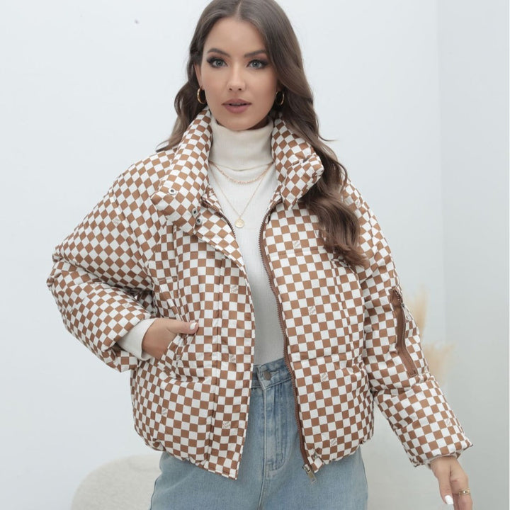 Women's Short Quilted Check Winter Jacket with Stand-Up Collar and Arm Pocket Mune Fashion