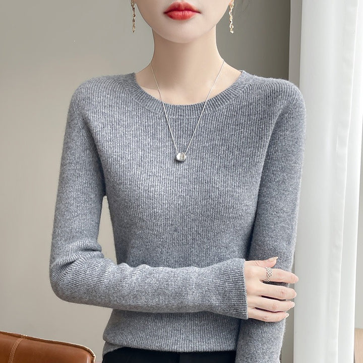 Women's Tailored Round Neck Sweater in Fine Ribbed Cashmere Look Mune Fashion