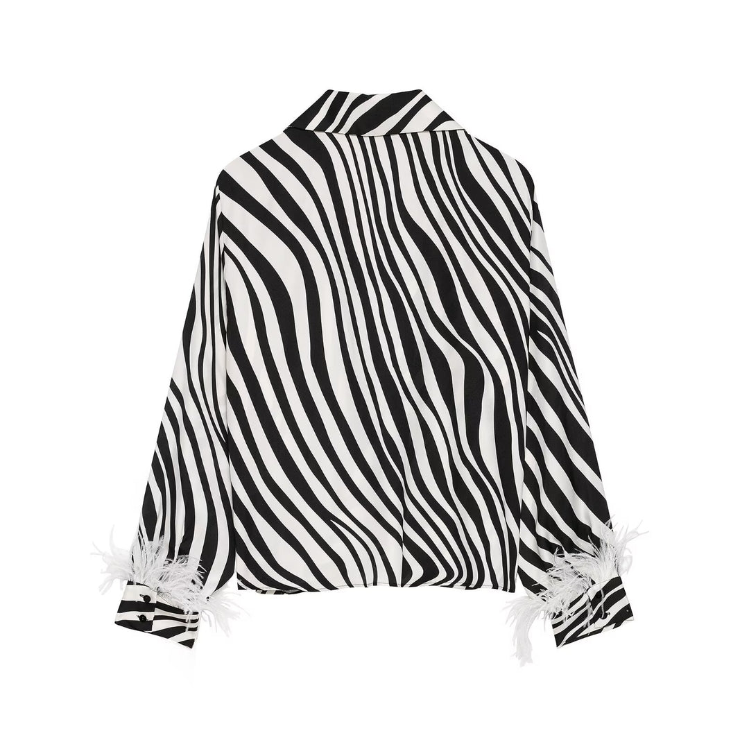 Women's Silky Oversize Blouse with Zebra Stripes and Feather Trim Mune Fashion