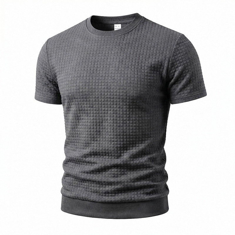 Men's short-sleeved knit shirt with embossed check structure, round neckline, and ribbed hem Mune Fashion