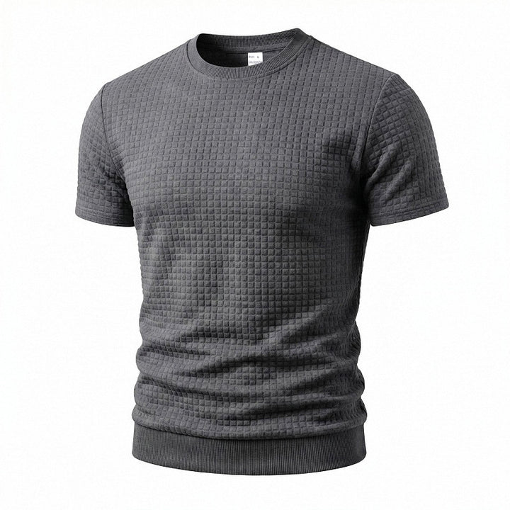 Men's short-sleeved knit shirt with embossed check structure, round neckline, and ribbed hem Mune Fashion