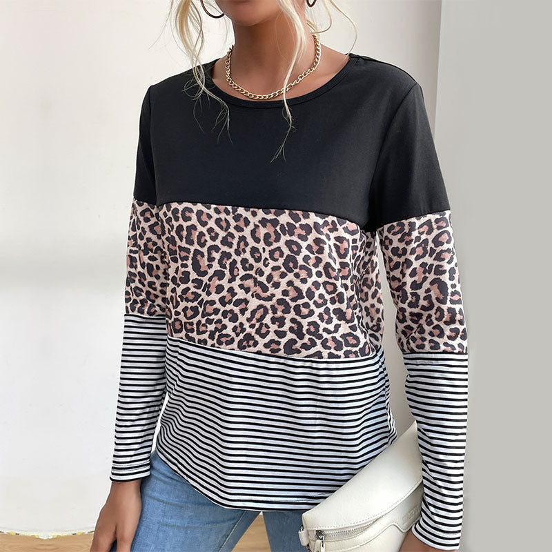 Women's Colorblock Long Sleeve Top with Leopard and Stripe Mix Mune Fashion