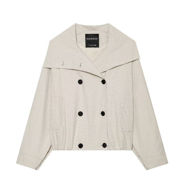 Women Short Jacket Double-Breasted Trench with Oversized Sailor Collar and Elastic Hem Mune Fashion
