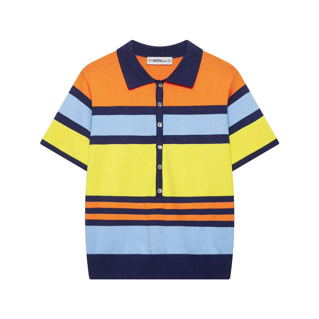 Women's Short-Sleeved Striped Fine Knit Polo Shirt with Continuous Button Placket Mune Fashion