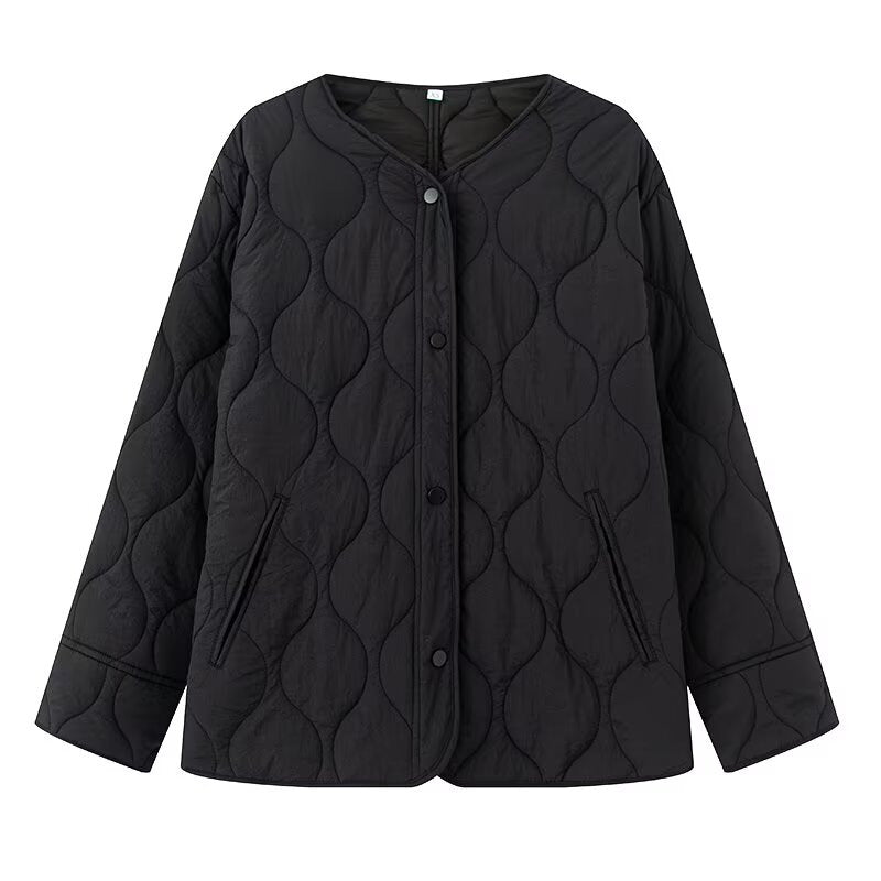 Women's Lightly Quilted Oversize Jacket with Round Neck, Snap Button Placket and Side Pockets Mune Fashion