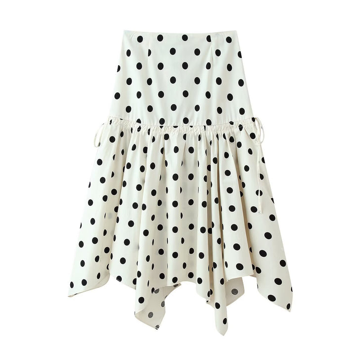 Women's tiered skirt made of lightweight viscose with polka dot print and asymmetrical pointed hem Mune Fashion