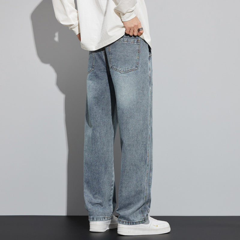 Men's Wide Denim Pants in Lounge Style with Drawstring Waist and Straight Leg Mune Fashion