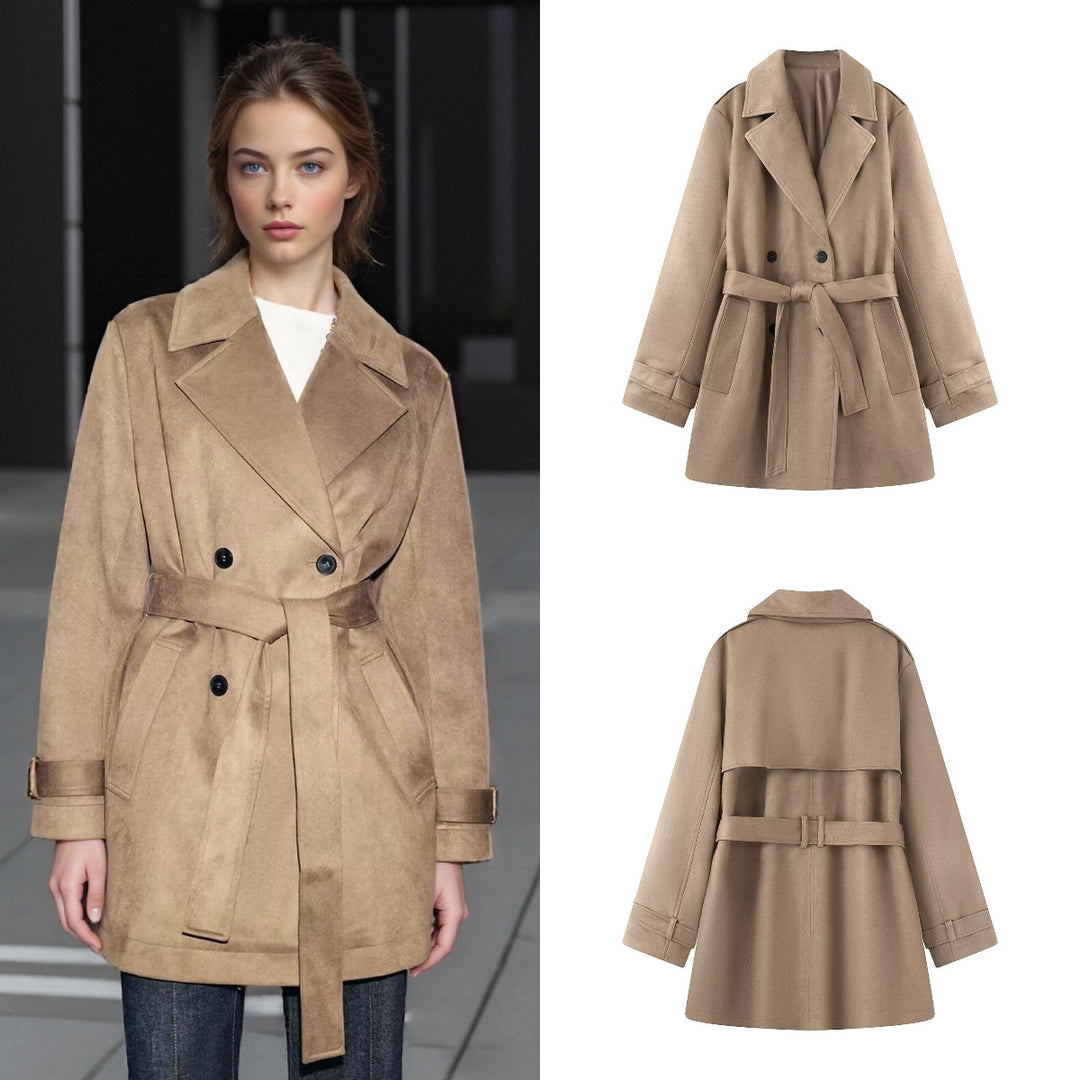 Women's Tailored Suede Look Trench Coat with Belt and Double Breasted Button Placket Mune Fashion