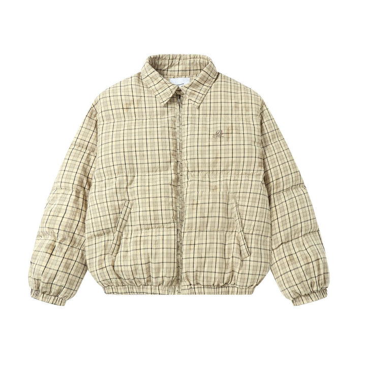 Unisex Short Cut Checked Padded Jacket with High Collar and Elastic Hem Mune Fashion
